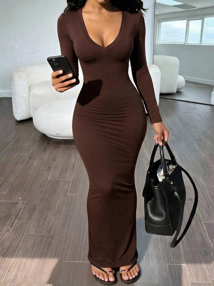 Long Sleeve V-Neck Ruched Maxi Dress