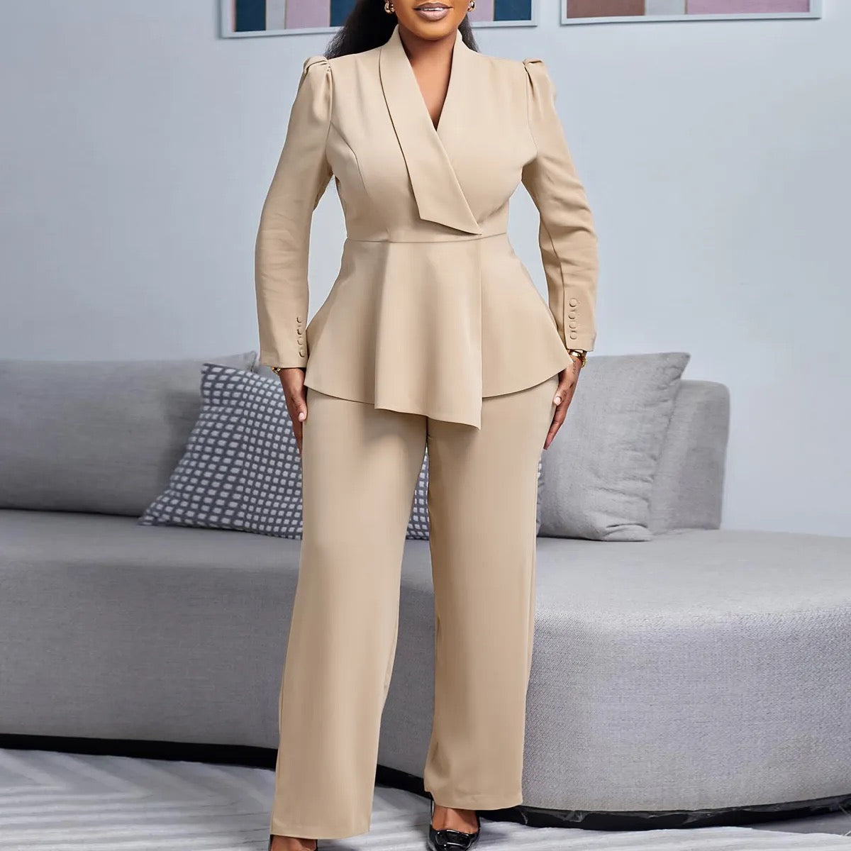 Solid Color Blazer And Pants Set